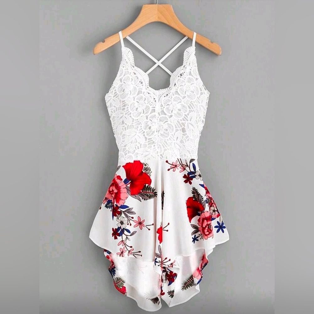 SHEIN Crochet Lace Self-Tie Floral Romper